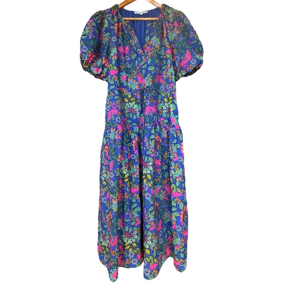 Baltic Born Blue and Pink Floral Short Sleeve Midi Dress Sz M - Picture 1 of 9